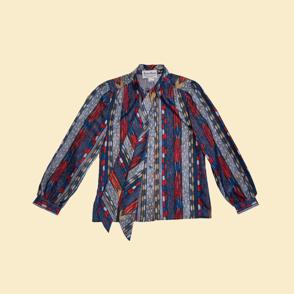1970s abstract blouse Kevin Stuart, size 10 geometric blue & red button down